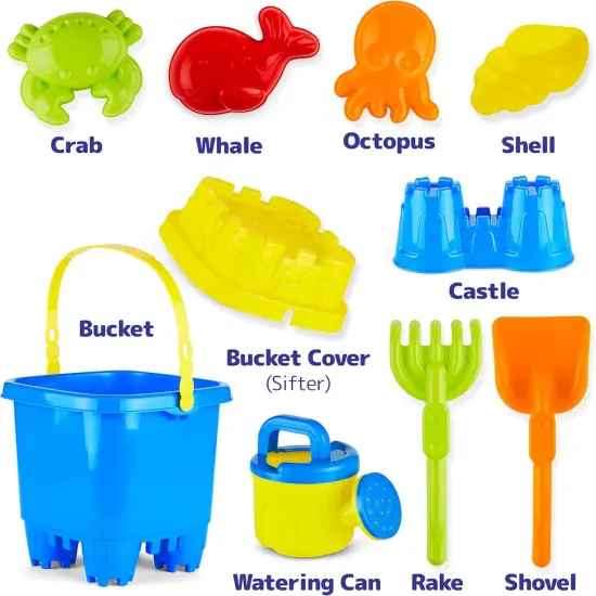 10 Piece Beach Sand Toys Set for Kids - Bucket with Sifter, Shovel, Rake, Watering Can, 5 Animal and Castle Sand Molds for Kids & Toddlers - Sand Buckets and Shovels for Kids, Beach Toy Set {3}