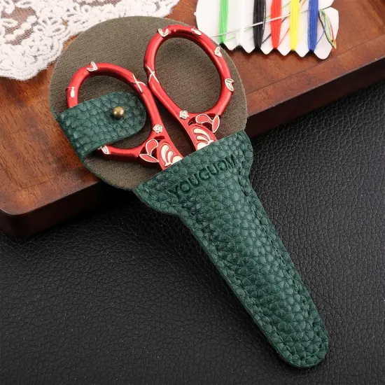 Antique Embroidery Scissors with Case, Needlework Scissors for Sewing Crafting Cross Stitch Crochet Yarn, Detail Shears Threading Snips Vintage Golden Red {3}