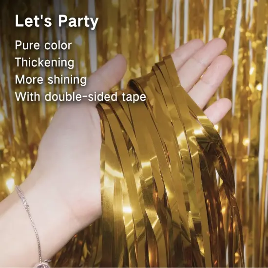 Gold Metallic Tinsel Foil Fringe Curtain, 3 Pcs 3.3ft x6.6ft Photo Booth Backdrop Streamer Curtains&Photo Booth Props, Party Decorations for Bachelorette Graduation Wedding Birthday (Gold) {2}