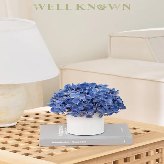 Artificial Hydrangea Fake Flowers in Vase, Fake Silk Flowers in Ceramic Vase, Artificial Plants in Pot for Fall Home Office Lavotory Table Shelf Decor (Blue) {4}