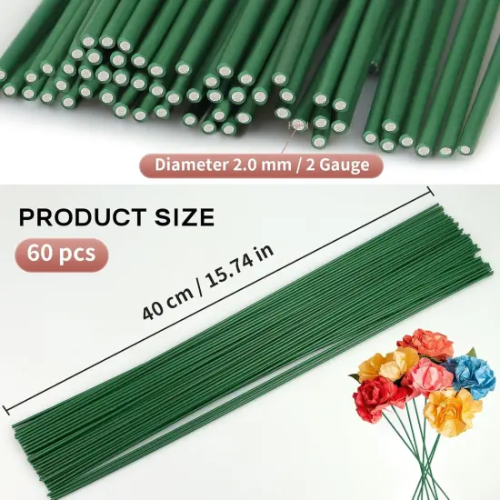 Floral Wire Stems, 60 Pack Flower Stems, 2 Gauge Green Floral Stem Wire for Paper Wrapped Wreath Making Supplies {4}
