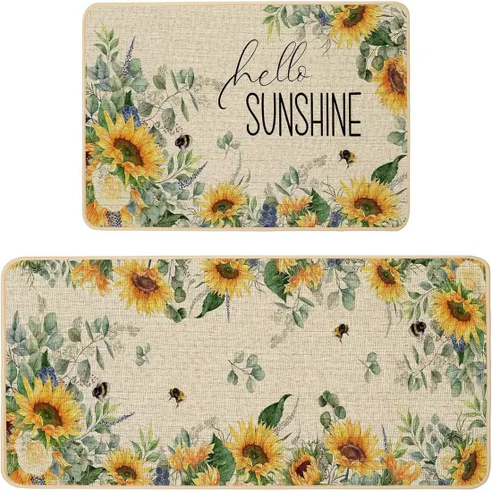 Spring Summer Kitchen Mats Set of 2, Sunflower Floral Bee Kitchen Rugs for Floor Non Slip Absorbent Low-Profile Seasonal Farmhouse Home Decor 17x29 and 17x47 Inch {1}
