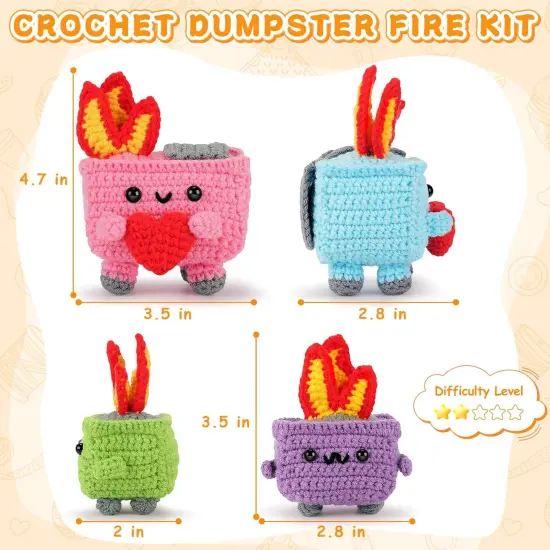 Crochet Kit for Beginners - 4PCS Dumpster Fire Complete Crochet Starter Kit with Step-by-Step Video Tutorials, Beginner Crochet Kits for Adults Kids Women, Funny Crochet Emotional Support Gifts {4}