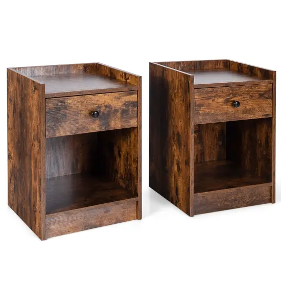 Set of 2 End Side Table Nightstand with Sliding Drawer and One Open Compartment White {9}