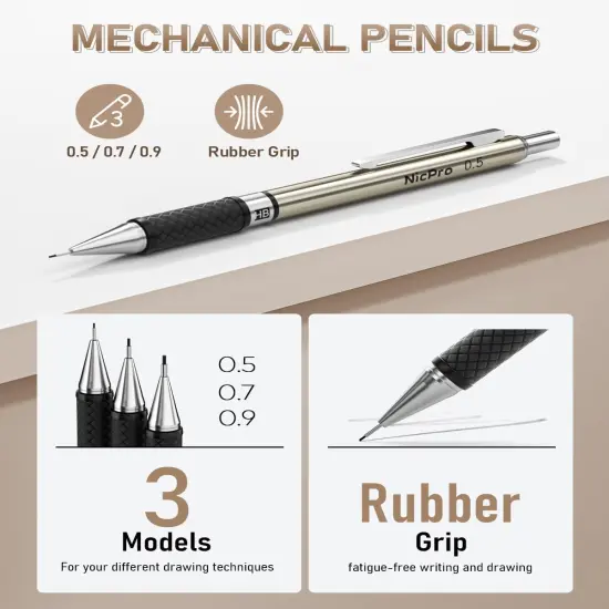 30PCS Art Mechanical Pencil Set in Leather Case, Metal Drafting Pencil 0.5 mm, 0.7 mm, 0.9 mm & 3 PCS 2mm Lead Holders for Sketching Drawing With 16 Tube (6B 4B 2B HB 2H 4H Colors) Lead Refills {3}