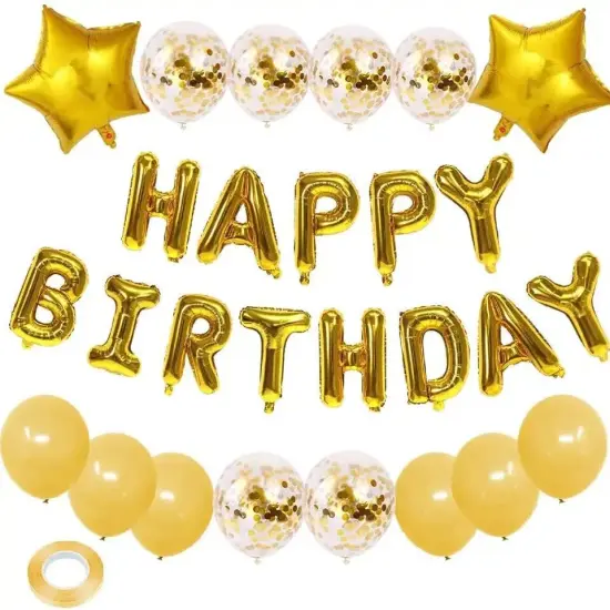 Birthday Party Decorations, Gold Set 15pcs - Happy Birthday Banner, Heart Star Balloons, Foil Confetti Balloons {1}