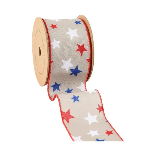 LaRibbons 2 1/2" Wired Ribbon | Red/White/Blue Stars | 10 Yard Roll Natural {10}