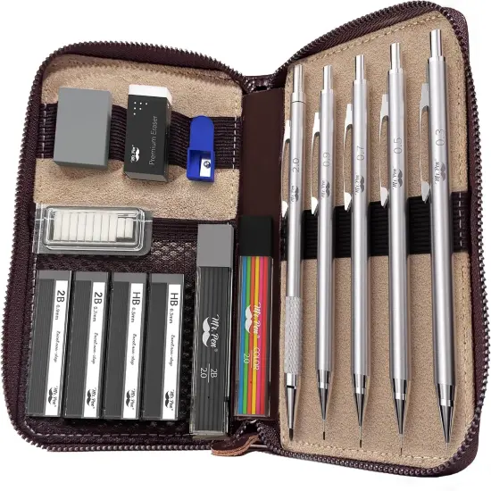 Metal Mechanical Pencil Set in Leather Case, 5 Sizes, 0.3, 0.5, 0.7, 0.9, 2mm, mechanical pencils, Sketching Pencils, Drafting Pencil {1}