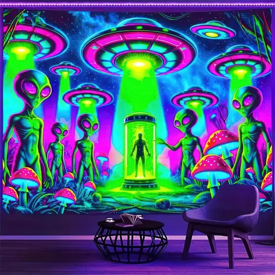Alien Blacklight Tapestry UFO Black Light Hanging Backdrop Glow in The Dark Poster Wall UV Tapestry {3}