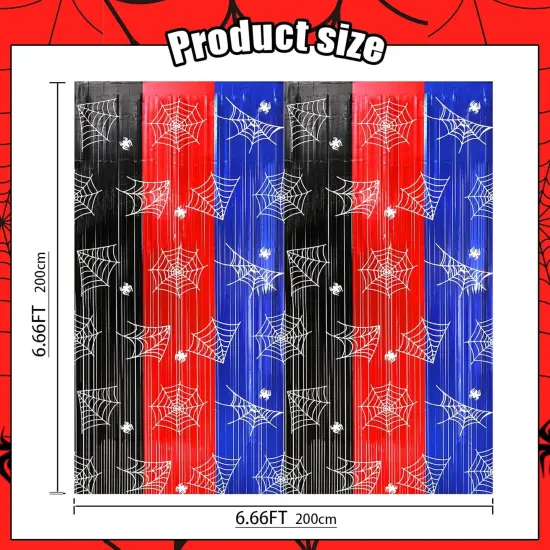 Spider Web Birthday Party Decoration Supplies, 2Pack Metallic Tinsel Foil Fringe Curtains 3.3x6.6ft, Red Blue Black Photo Booth Prop Backdrop Party Streamer, for Spider Birthday Party House Room Decor {3}
