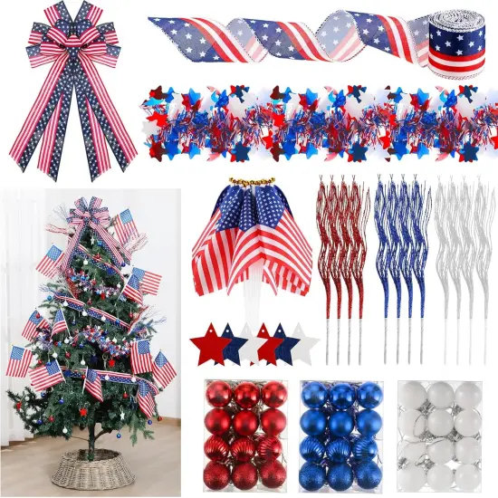 118 Pcs Memorial Day Decorations for Tree 4th of July Patriotic Wreath Bows Red White and Blue Tree Decorations Independence Day Ornaments American Flag Patriotic Garland for Memorial Decor {1}