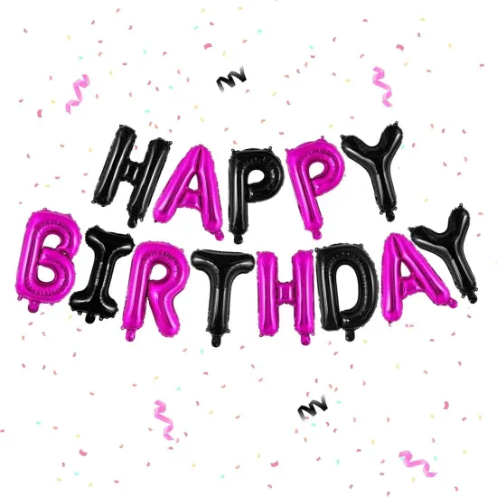 16 Inch Black & Hot Pink Happy Birthday Balloons Banner {1}