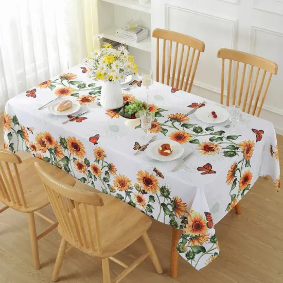 Sunflower Table Cloths 60 x 84 Inch Rectangle Summer Tablecloth, Water Proof Wipe Clean Dust-Proof White Polyester Fabric Table Cover for Fall Kitchen, Party, Picnic, Indoor, Outdoor {3}