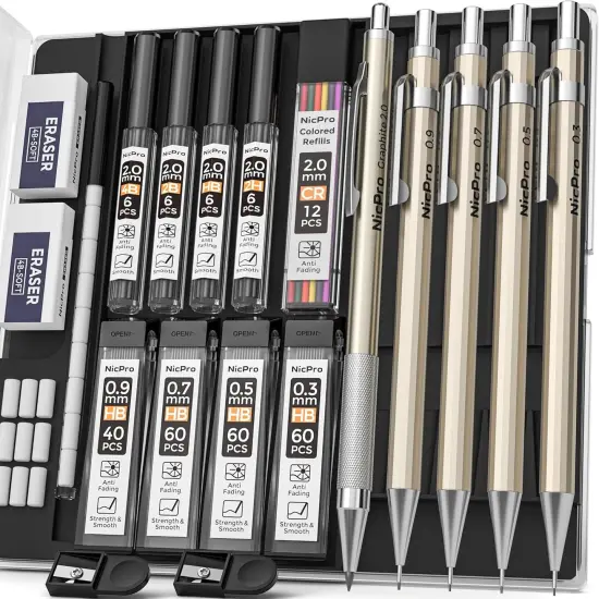 5 PCS Art Mechanical Pencils Set, Metal Drafting Pencil 0.3 & 0.5 & 0.7 & 0.9 & 2mm Graphite Lead Holder(4B 2B HB 2H Colored) for Sketching Drawing With Lead Refills Eraser Case {1}