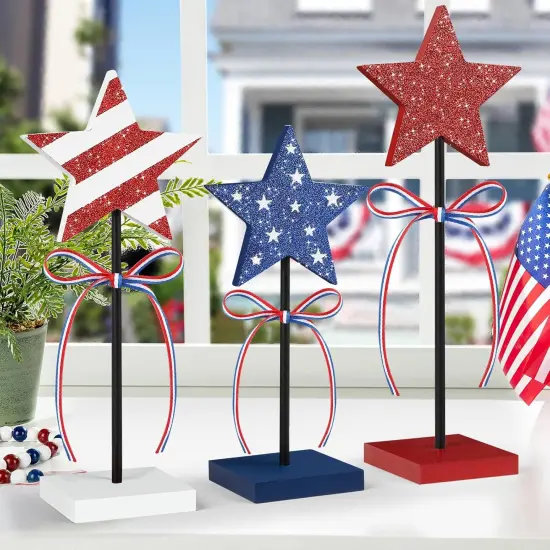 4th of July Tiered Tray Decor Wooden Star Set, 3 Pcs Memorial Day Table Decorations, Rustic Patriotic Tabletop Home Decor, Red White and Blue Decorations for Home (Shiny) {2}