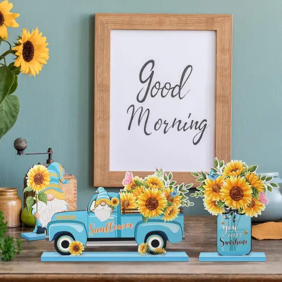 5 Pcs Sunflower Table Sign Sunflower Wooden Table Centerpieces Sign Summer Gnome Wooden Table Decor Sunshine Table Decoration Signs Gnome Wooden Centerpiece for Home Party(Blue) {5}