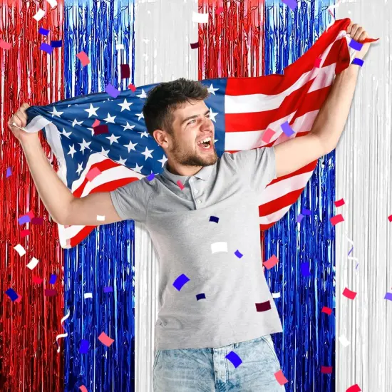 6 Pack White Blue Red Foil Fringe Curtain Backdrop, 3.28Ft x 6.6Ft Metallic Tinsel Foil Fringe Streamer Curtains {3}