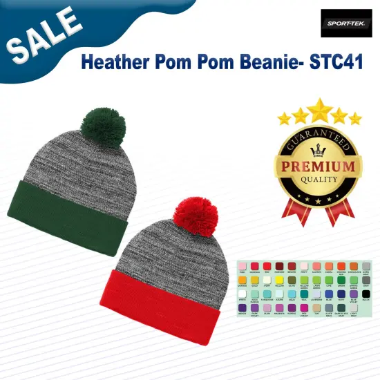Sport-Tek &reg; Heather Pom Pom Beanie F Green/Grey Heather {2}