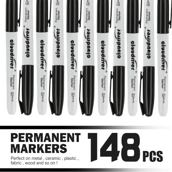Permanent Markers, 148 Pack Black Permanent Markers Set, Fine Point, Bulk Permant Markers Work on Wood, Plastic, Metal, Stone, Glass {2}