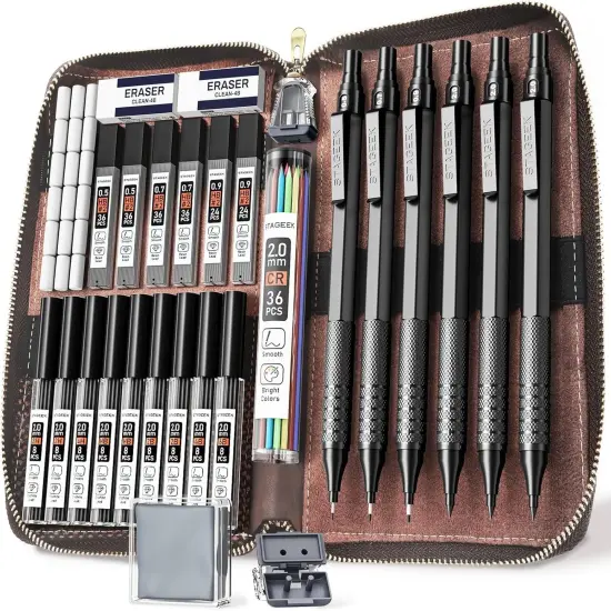 30Pcs Metal Mechanical Pencil Set with Leather Case, 0.5/0.7/0.9/2.0mm Art Drafting Pencils, 16 Tubes Graphite Leads (6B 4B 2B HB 2H 4H) with Colored Leads for Sketching Drawing Writing(Black) {1}