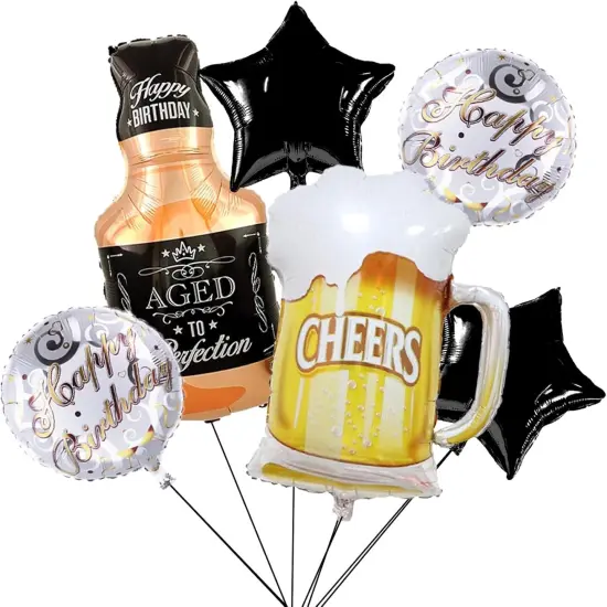 Beer Cup Balloons Set of 6 - Whiskey Bottle & Beer Mug Shaped Mylar Foil & Latex Black Golden Pentagram Balloons - Summer Party, Festival, Birthday & More {1}
