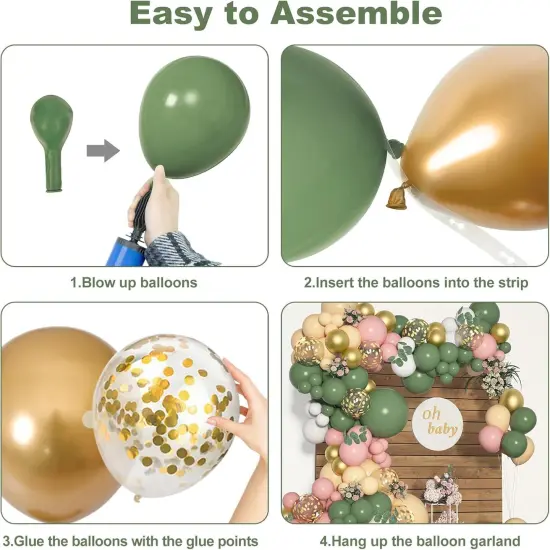 166Pcs Sage Green Balloon Garland Arch Kit Olive Green Blush Peach White Gold Balloons Artificial Eucalyptus Stems Jungle Safari {3}