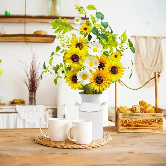 23.5" Faux Flowers in Vase, Silk Sunflower Artificial Flowers with Metal Pot Fake Sunflowers with Vase Flowers Arrangement Centerpieces for Table Kitchen Dining Living Room Home Spring Decor {2}