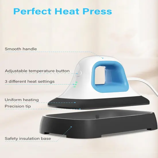 Mini Heat Press - 7"x 3.8" Transfer Machine Small Hand held Iron Press Heat for Tshirt and HTV Vinyl Projects,Easy Temperature Control with Safety Base & Auto-Off Feature(Blue) {5}