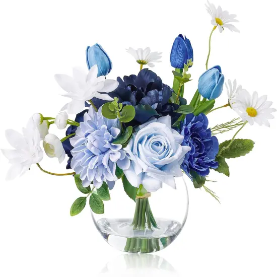 Artificial Flowers with Vase Silk Flower Arrangements in Round Bowl Vase with Faux Water for Home Table Decoration (Mixed Blue) {1}
