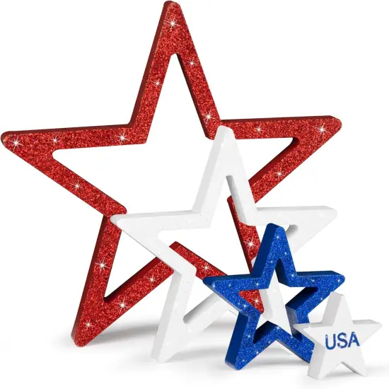 4th of July Decorations Stars Set of 4, Red White Blue Decor {1}