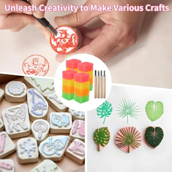 52 Pcs Linoleum Blocks Kit, Luminous Rubber Stamp Carving Blocks with 4 Carving Tools, Block Printing Kit for Printmaking, Square Colored Rubber Blocks for DIY Crafts {4}