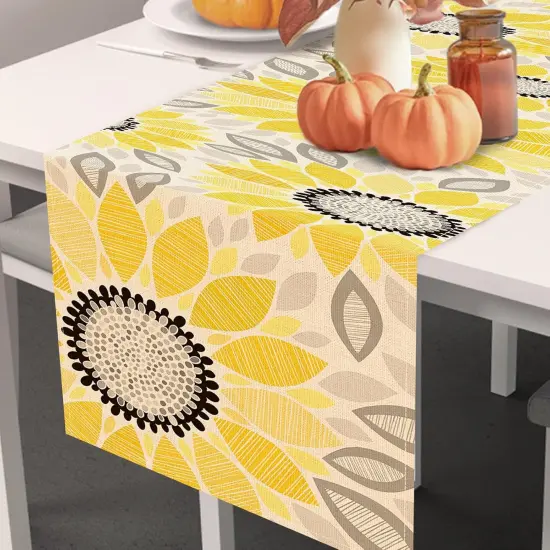Fall Abstract Sunflower Table Runner, Autumn Flower Floral Geometry Kitchen Dining Table Decoration, Spring Summer Seasonal Burlap Indoor Outdoor Home Decor Party Supply 13 x 72 Inches {5}