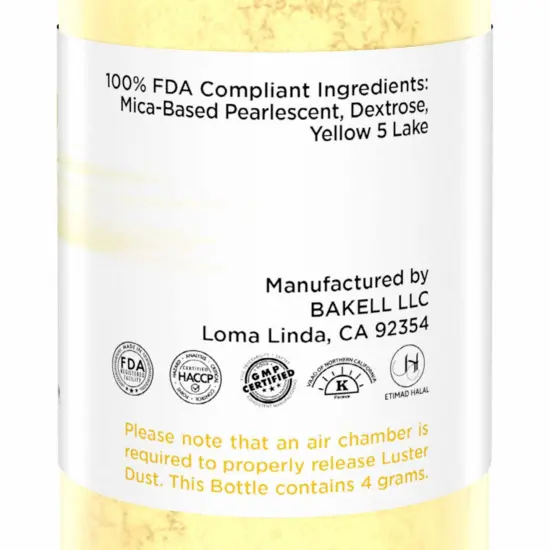 Bakell - Classic Yellow Luster Dust (4g, 1x Pump) Edible Vegan Dust & Paint for Baking, Desserts and Beverages {6}