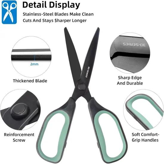 All Purpose Scissors - Comfort Grip, 3D Curved Cutting Edge, Stainless Steel Office Scissors for Sewing Fabric Home Craft School Supplies, 2-Pack (Blue, Green) {5}