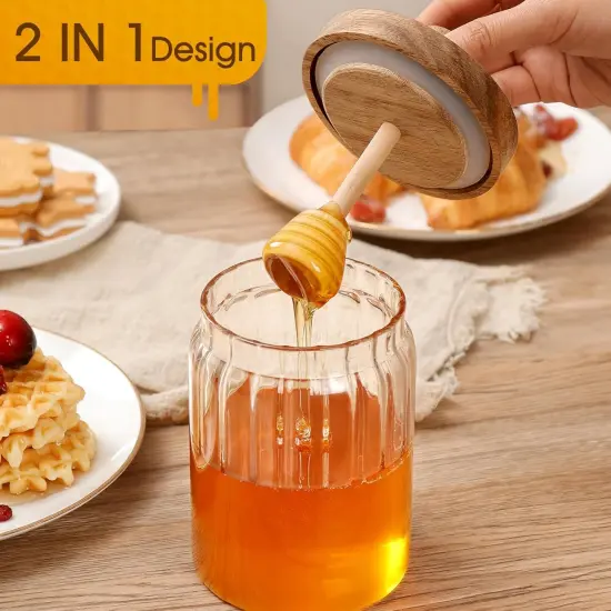 18.5oz Glass Honey Jar with Dipper Stick and Wooden Lid, Honey Pot with Wooden Dipper, Airtight Honey Containers with Dipper {4}