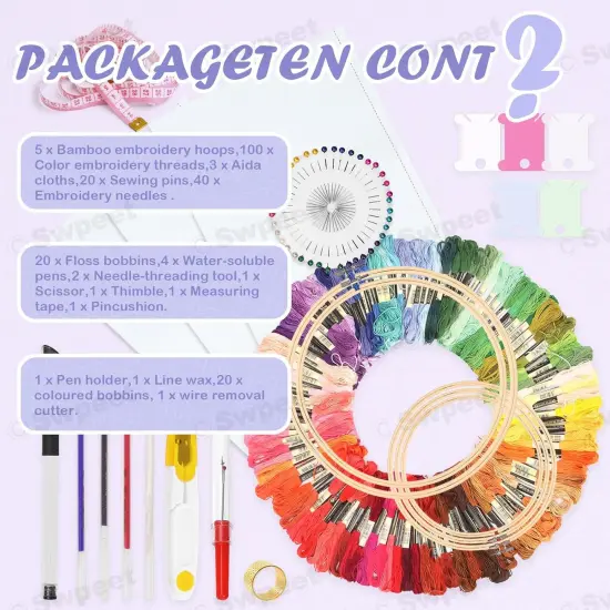 212Pcs Embroidery Kit, Stitch Kits Include 100 Colors Threads, Aida Cloth, Sewing Pins, Floss Bobbins, Embroidery Needles, Bamboo Embroidery Hoops, The Shell of a Pen with Erasable Refill {4}