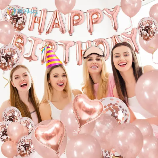 40 pcs Pink Rose Gold Birthday Decorations, 3D Mylar Foil Happy Birthday Banner and 18 inch Big Heart Star Confetti Latex Balloons {2}