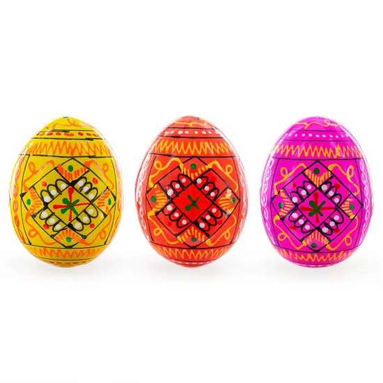 Set of 3 Yellow, Pink, Orange Geometric Ukrainian Pysanky Wooden Easter Eggs 2.5 Inches {1}