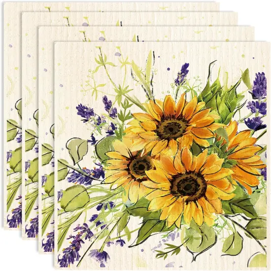4Pcs Watercolor Sunflower Swedish Kitchen Dishcloth Summer Floral Cotton Kitchen Towel Reusable Absorbent Dish Towel for Home Kitchen Housewarming Cleaning, 7 x 8 Inch {1}