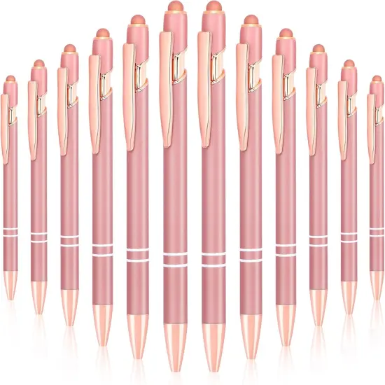 12pcs Ballpoint Pens, 2-in-1 Retractable Ballpoint Pen, 1.0mm Black Ink Soft Touch Click Metal Pen with Stylus Tip for Touch Screens（Rose Gold Color） {1}