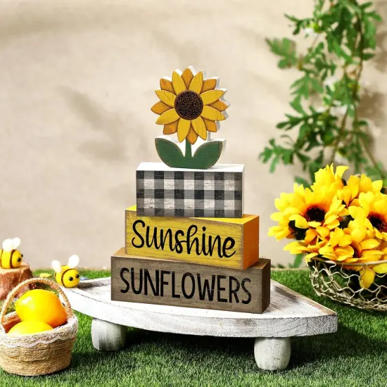 4 Pcs Summer Sunflower Decorations Sunflower Wooden Sign Sunshine Table Centerpiece Summer Tiered Tray Decor Decorative Faux Book Stack Block for Coffee Table Fireplace Mantel Floating Shelf {2}