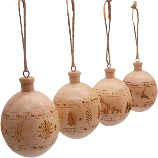 Wooden Ball Christmas Ornaments, Festive Hanging Holiday D&eacute;cor, Assorted Designs, 2.4 Inches {4}