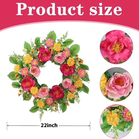 22 inch Artificial Summer Wreaths for Front Door, Rose Peony Wreath Front Door with Berry Green Leaves Suitable for Summer for Wall Door Farmhouse Holiday Decorations (Pink) {2}