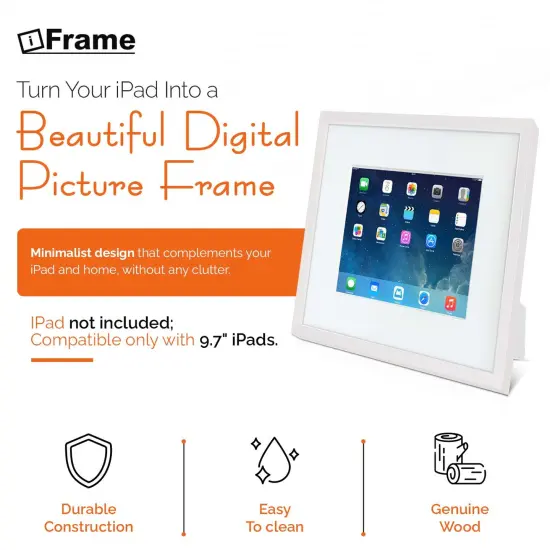 iFrame iPad Frame | Turn Your iPad Into A Beautiful Interactive Digital Picture Frame | Perfect at Home Or Work | Includes Table Stand and Wall Mount for All 9.7&rdquo; iPads White {2}