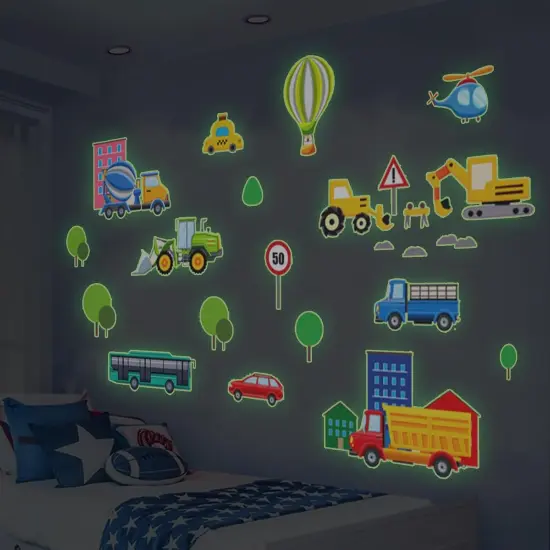 Glow in The Dark Cartoon Construction Vehicle Stickers,DIY Green Luminous City Car Truck Excavator Helicopter Wall Decals for Baby Nursery Boys Bedroom Playroom Wall Decor {5}