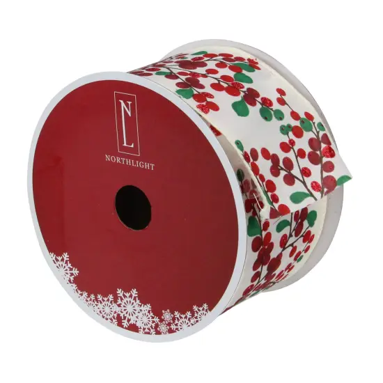 Northlight Red Berries on Branches Christmas Wired Craft Ribbon 2.5" x 16 Yards {4}