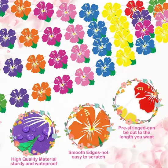 5 Pack Summer Hawaiian Tropical Garland Luau Hibiscus Flower Lei Garland Banners Multicolor Aloha Hanging Lei Hawaiian Tropical Cutouts Banners for Summer Beach Pool Birthday Party {3}