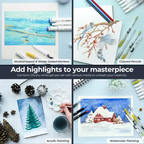 Ohuhu Gold Silver White Gel Pens: 12 Pack Extra Fine Point Pens Opaque Gel Ink Pens Smooth White Ink Pens for Highlight Black Paper Art Drawing Sketching Scrapbook Illustration Bullet Journal - Leahi {6}