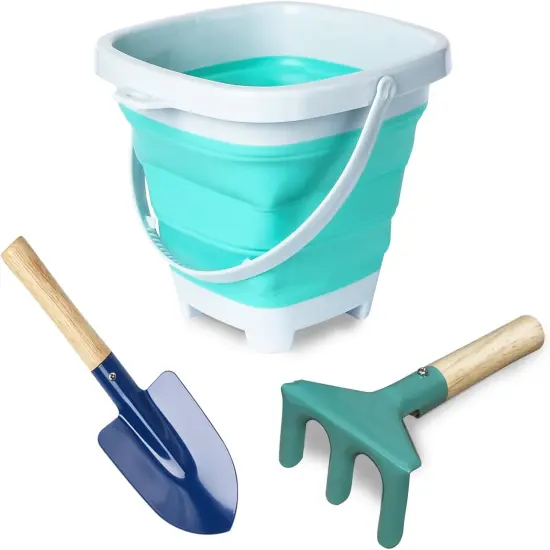 3 Pieces Summer Collapsible Beach Bucket for Kid Toddler,Toddler Outdoor Toys Shovel and Rake Made of Metal for Kids Beach Travel {1}