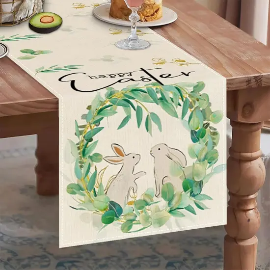 Easter Table Runner, Bunny Rabbit Flowers Leaves Green Easter Table Runners 72 Inches, Farmhouse Spring Kitchen Dining Table Decoration for Home Party Decor {2}